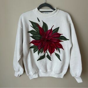 Vintage 90’s White Christmas Flower Poinsettia Red Embellished Size Large